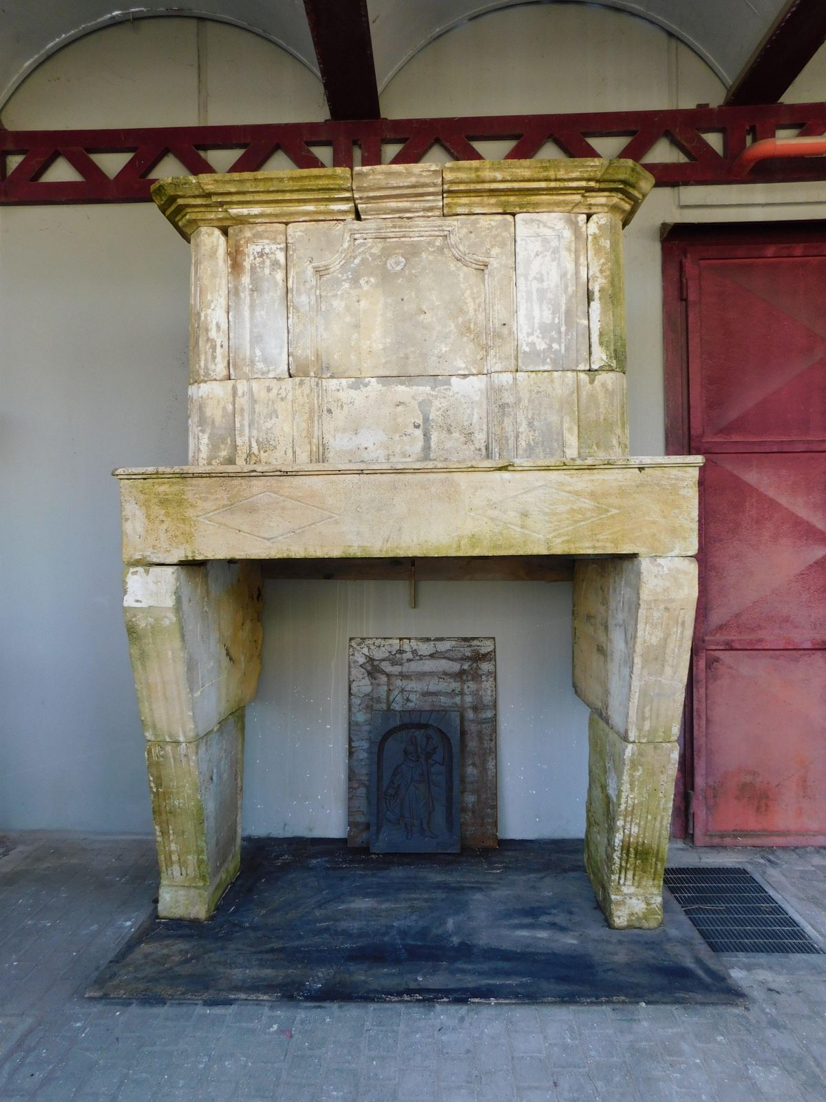 Burgundy Stone Fireplace Carved With Trumeau Above Hood, France photo for sale