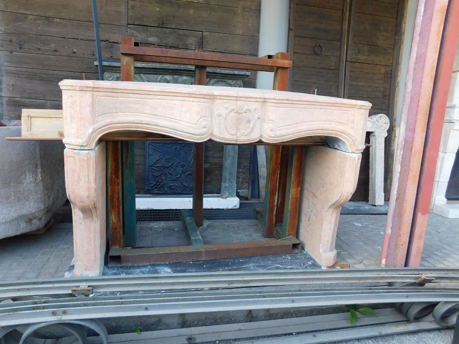 Fireplace Mantle In Cement Carved With Shell, Italy photo for sale