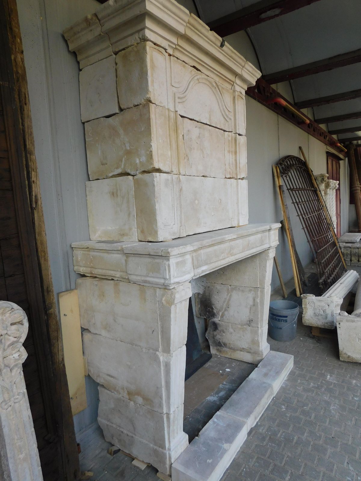 photo for sale Burgundy Stone Mantel Fireplace, Carved Columns And Trumeau, France