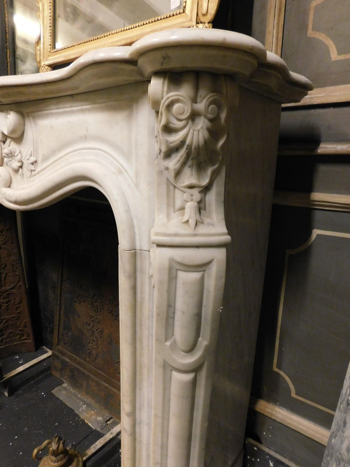 photo for sale Fireplace Handle Carved With Three Shells In White Carrara Marble, France