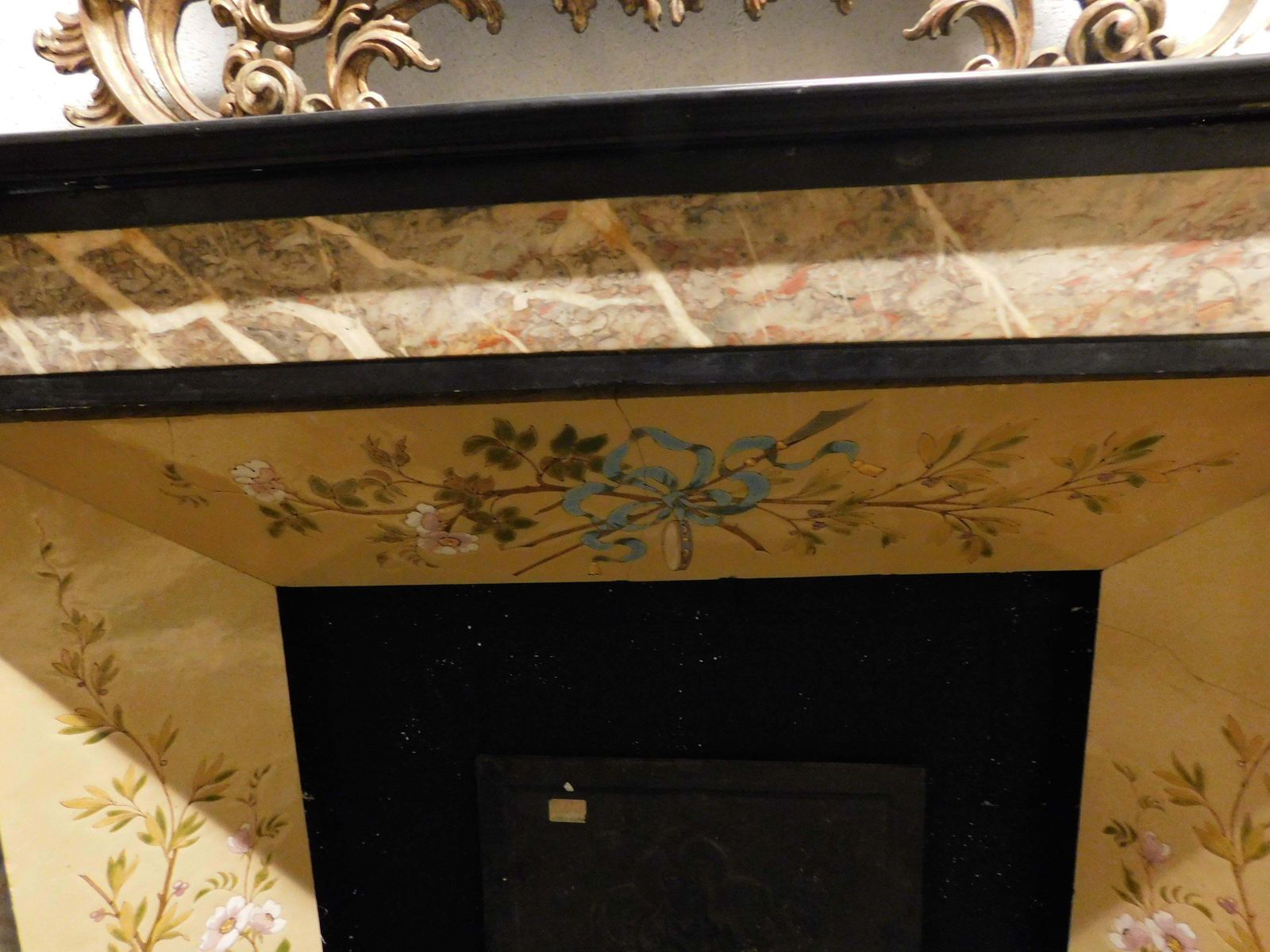 Fireplace Mantle In Black Marble With Beige Marble Inlays, Italy photo vintage