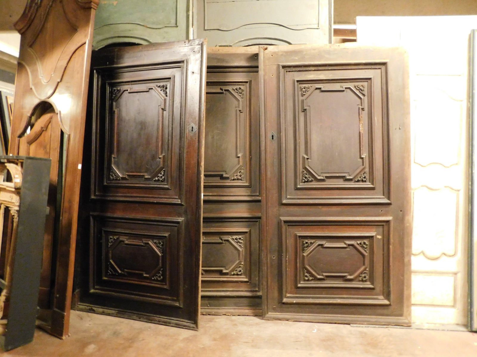 Set Of 3 Walnut Doors, Each With A Single Leaf With Carved Panels, Italy photo Home Fixtures