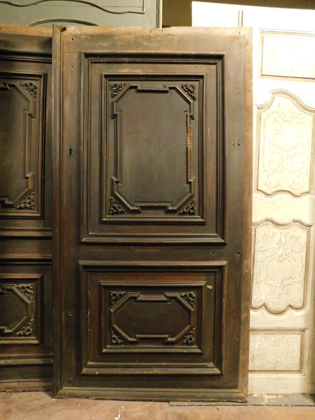 Set Of 3 Walnut Doors, Each With A Single Leaf With Carved Panels, Italy photo vinterior