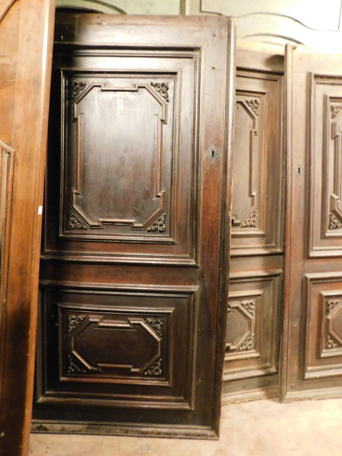 Set Of 3 Walnut Doors, Each With A Single Leaf With Carved Panels, Italy photo vintage