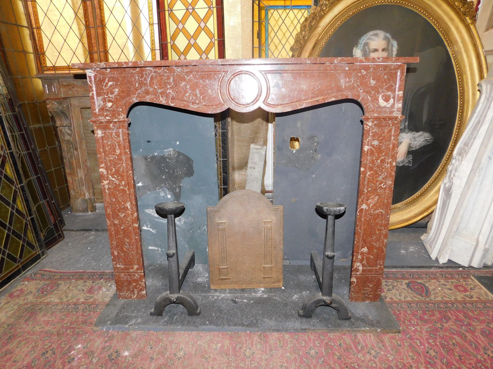 Pompadour Mantle Fireplace In Red France Marble Carved photo for sale