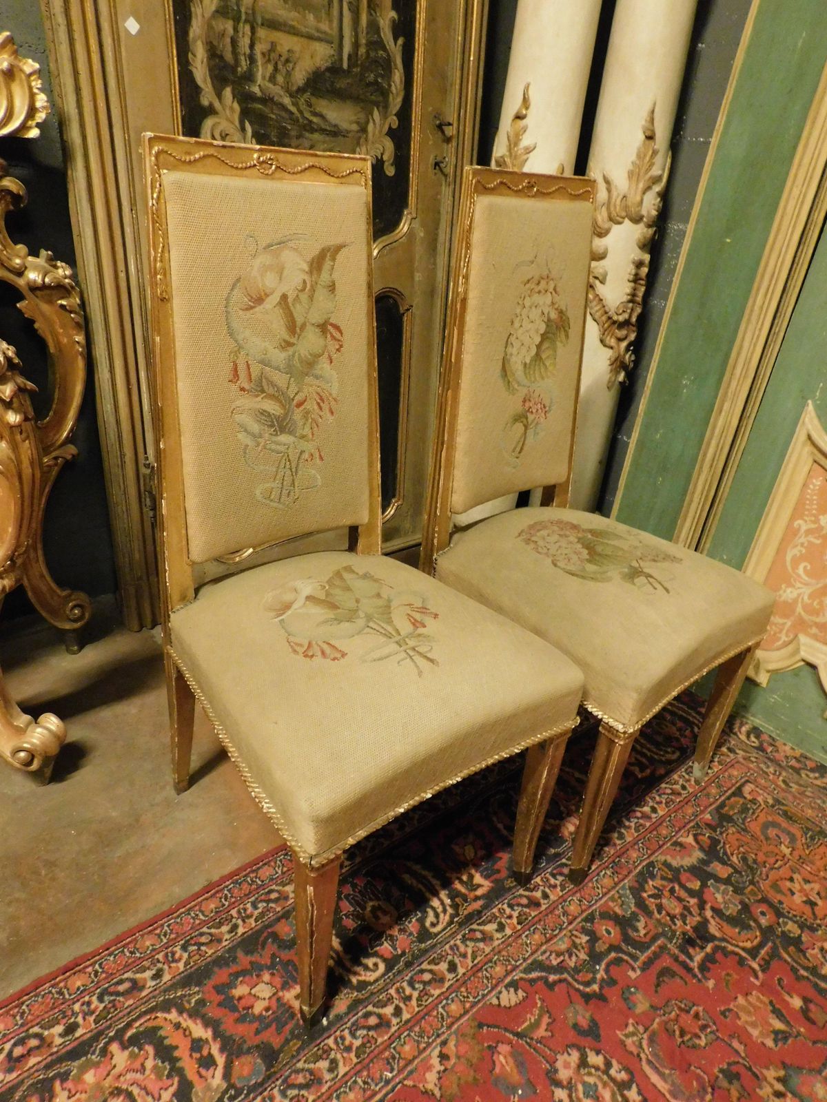 photo furniture Pair Of Gilded Wooden Chairs. With Embroidered Fabric, Italy