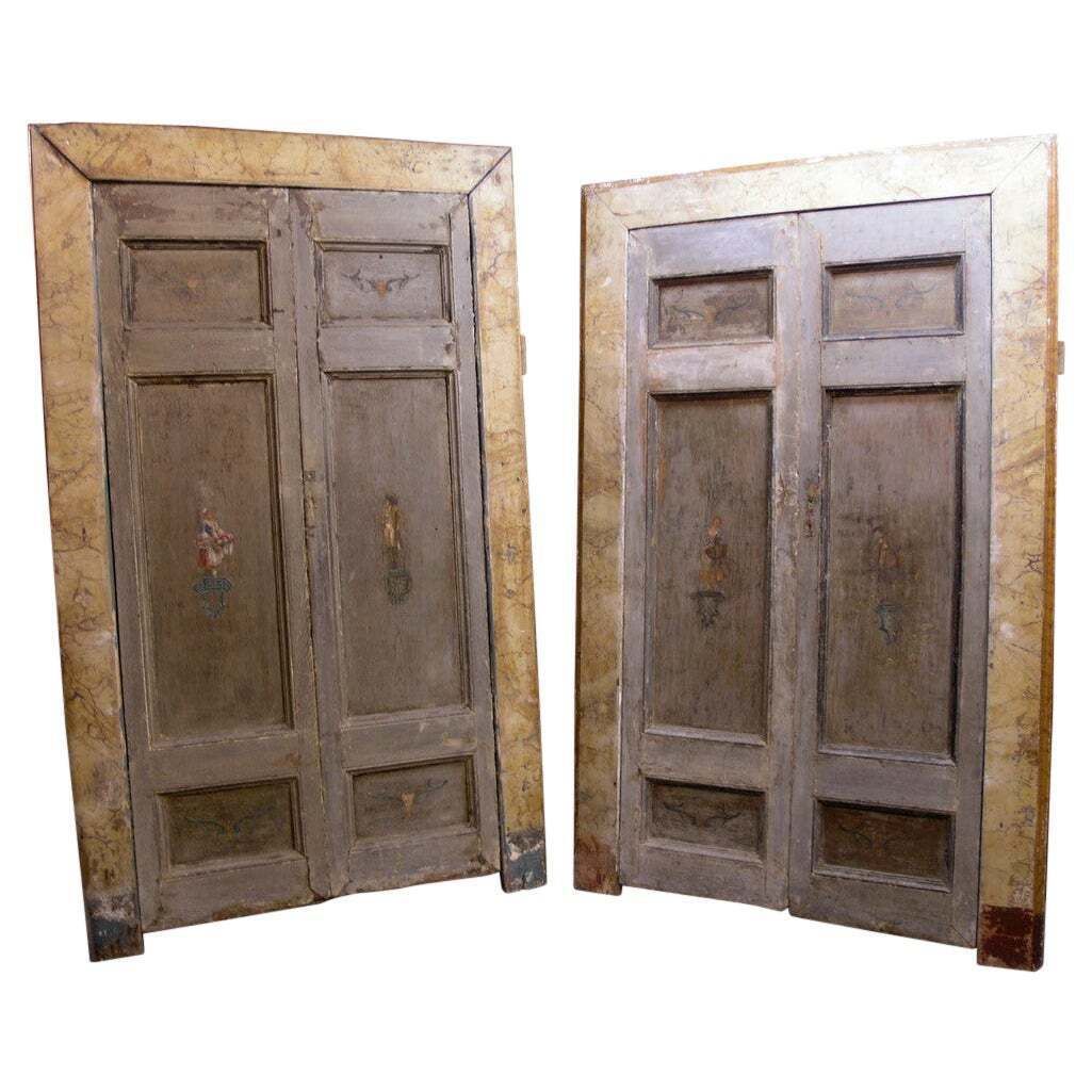 Set Of 2 Doors Similar In Size, Painted Figurines And Lacquered Frame, Italy