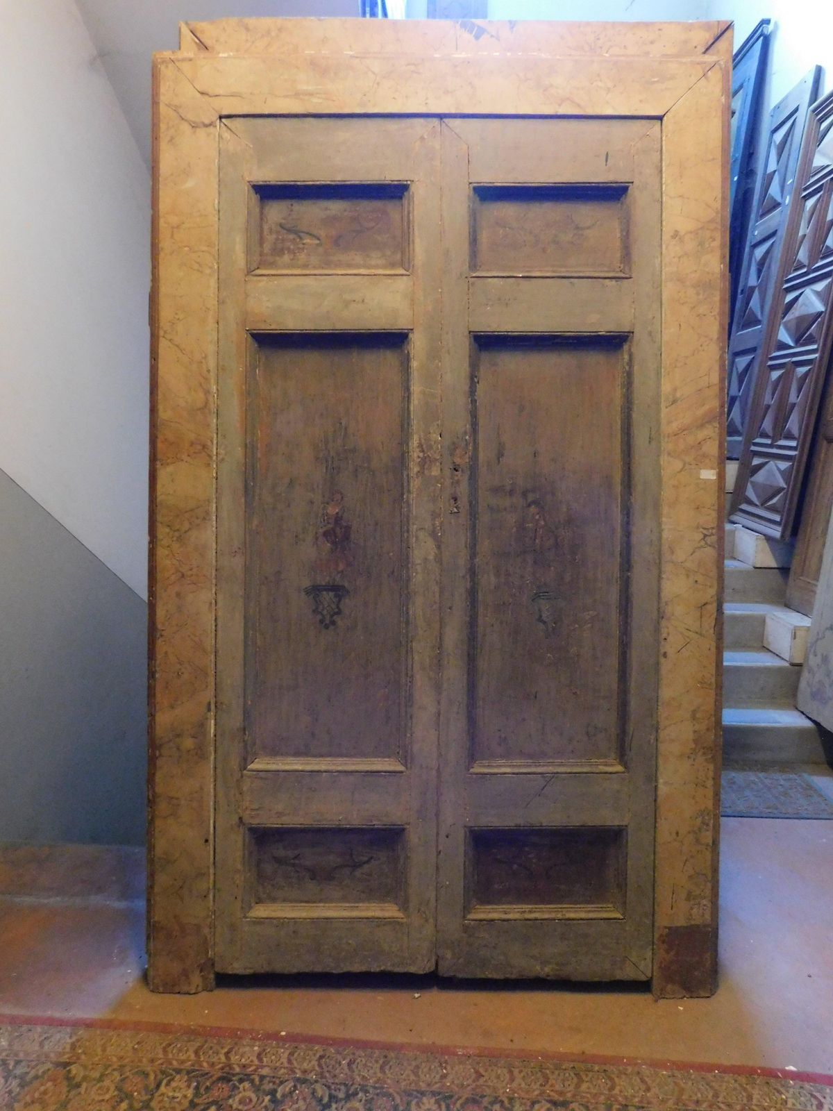 Set Of 2 Doors Similar In Size, Painted Figurines And Lacquered Frame, Italy photo for sale