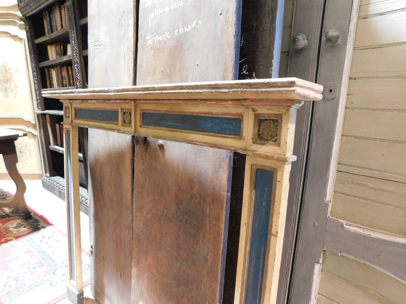 Lacquered And Carved Wooden Fireplace Mantel, Italy photo vintage