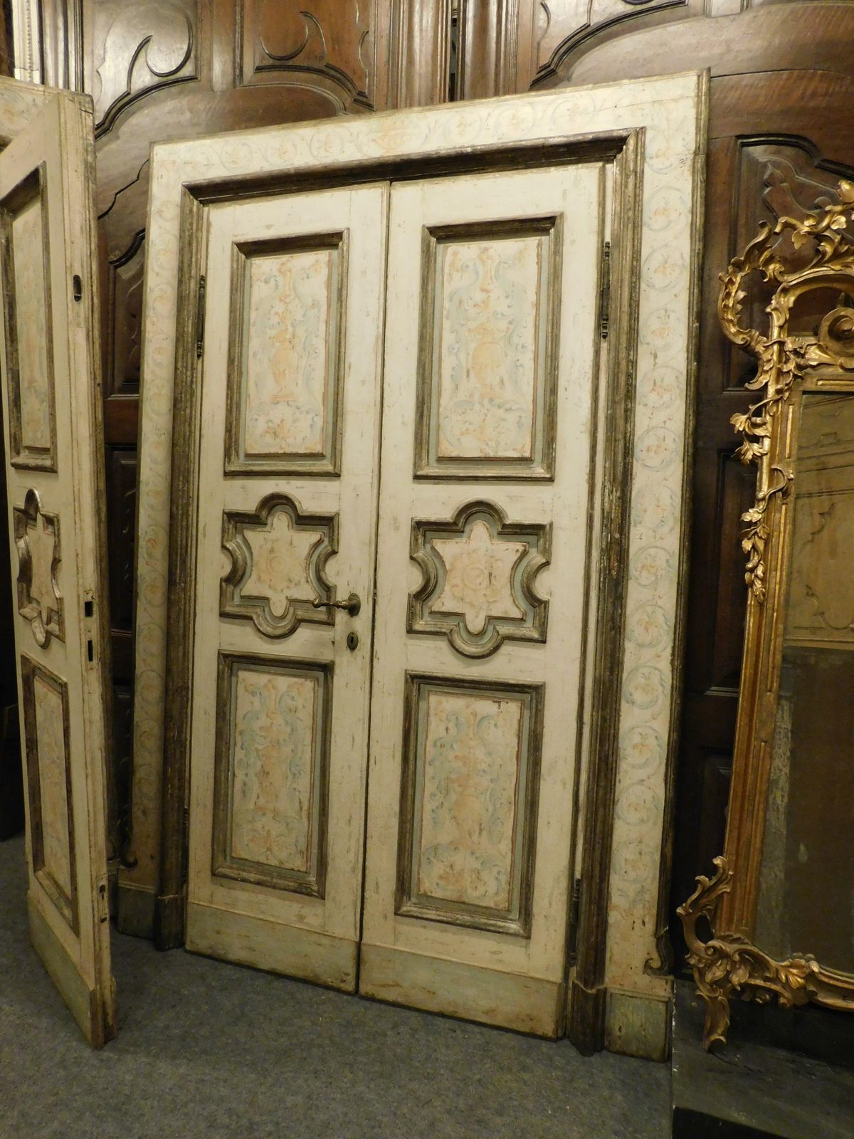 N.2 Lacquered Wooden Doors, Two Leaves With Carved And Painted Panels, Italy photo Home Fixtures