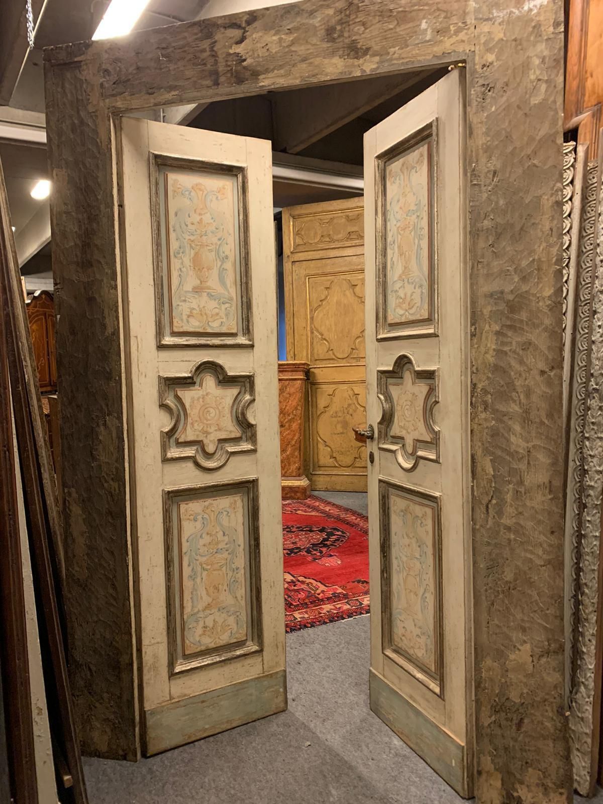 photo buy N.2 Lacquered Wooden Doors, Two Leaves With Carved And Painted Panels, Italy
