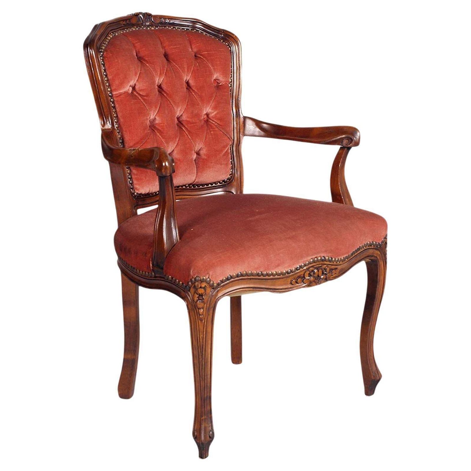 1900s Pair Of Venice Baroque Louis XV Armchairs, Carved Walnut With Floral Motif
