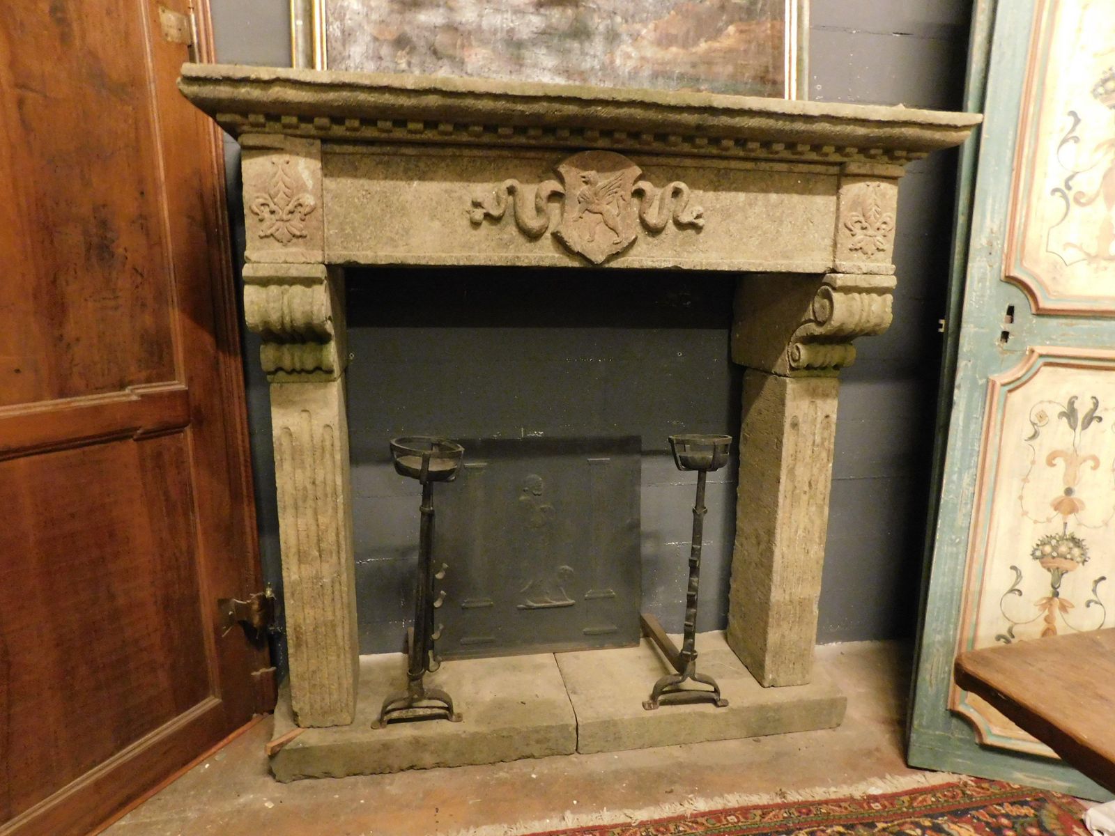 Piperino Stone Mantle Fireplace, Carved With Coat Of Arms, Rome Italy photo furniture