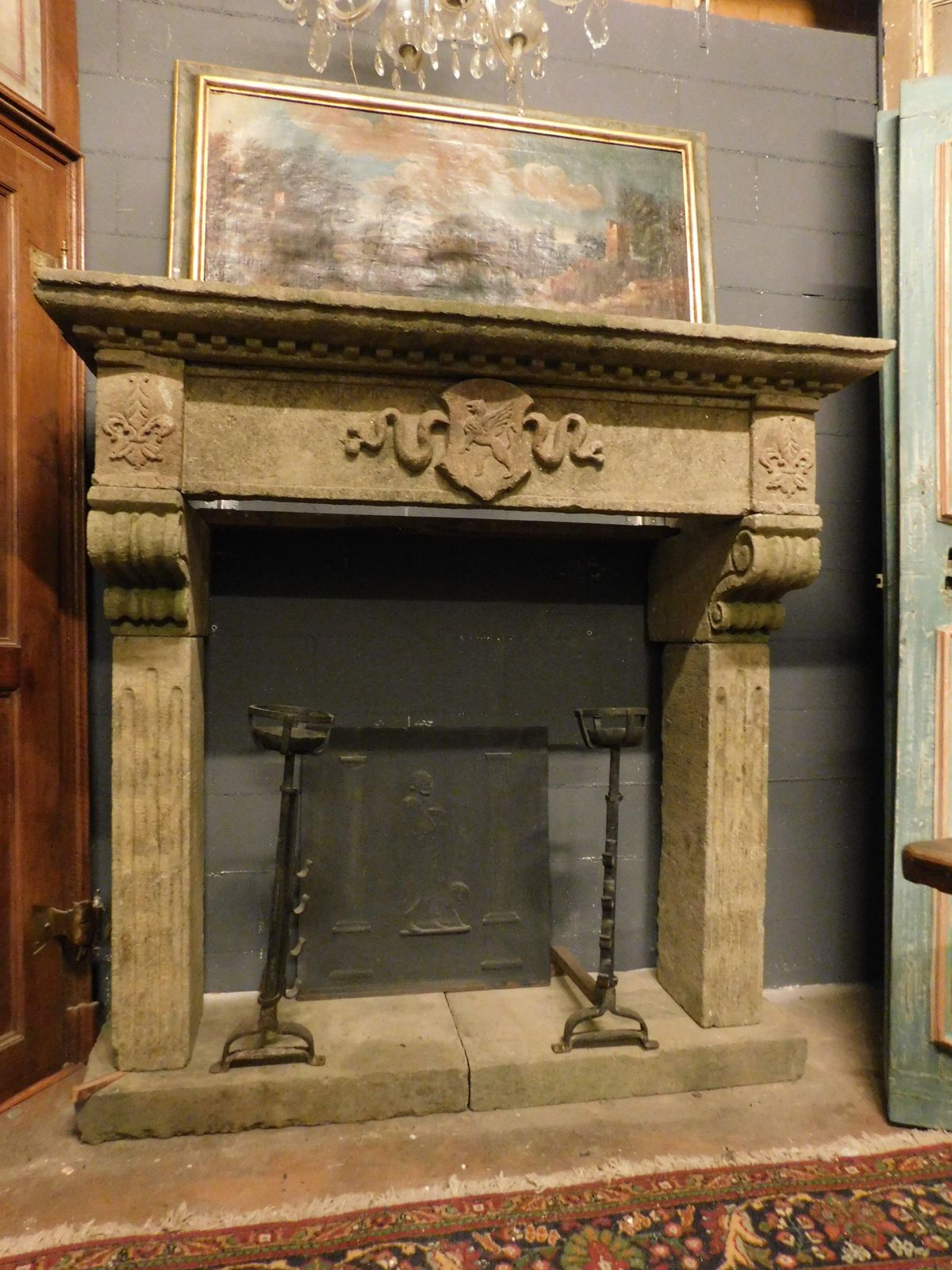 Piperino Stone Mantle Fireplace, Carved With Coat Of Arms, Rome Italy photo for sale
