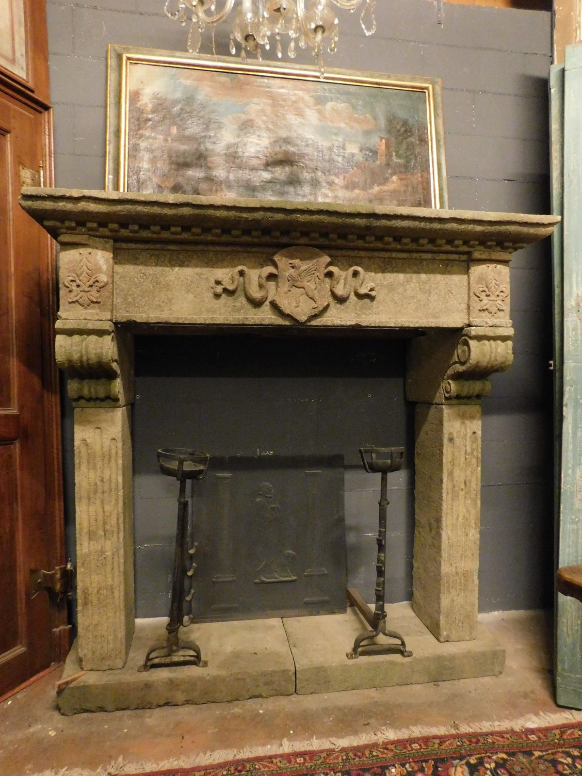 Piperino Stone Mantle Fireplace, Carved With Coat Of Arms, Rome Italy photo Home Fixtures