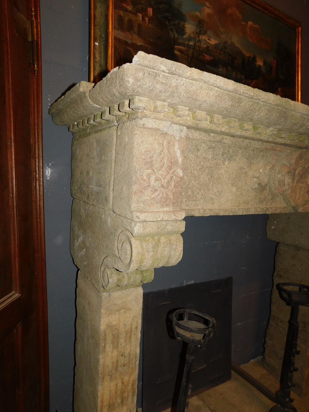 Piperino Stone Mantle Fireplace, Carved With Coat Of Arms, Rome Italy photo vinterior