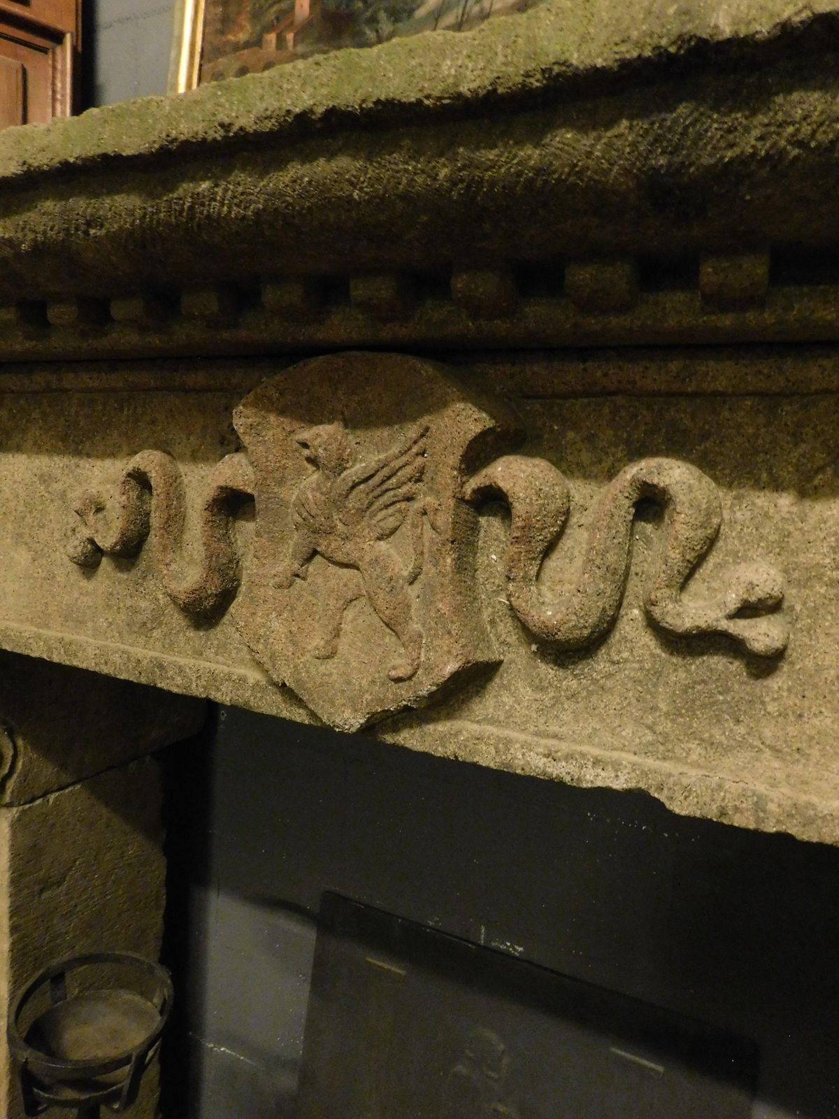 photo for sale Piperino Stone Mantle Fireplace, Carved With Coat Of Arms, Rome Italy