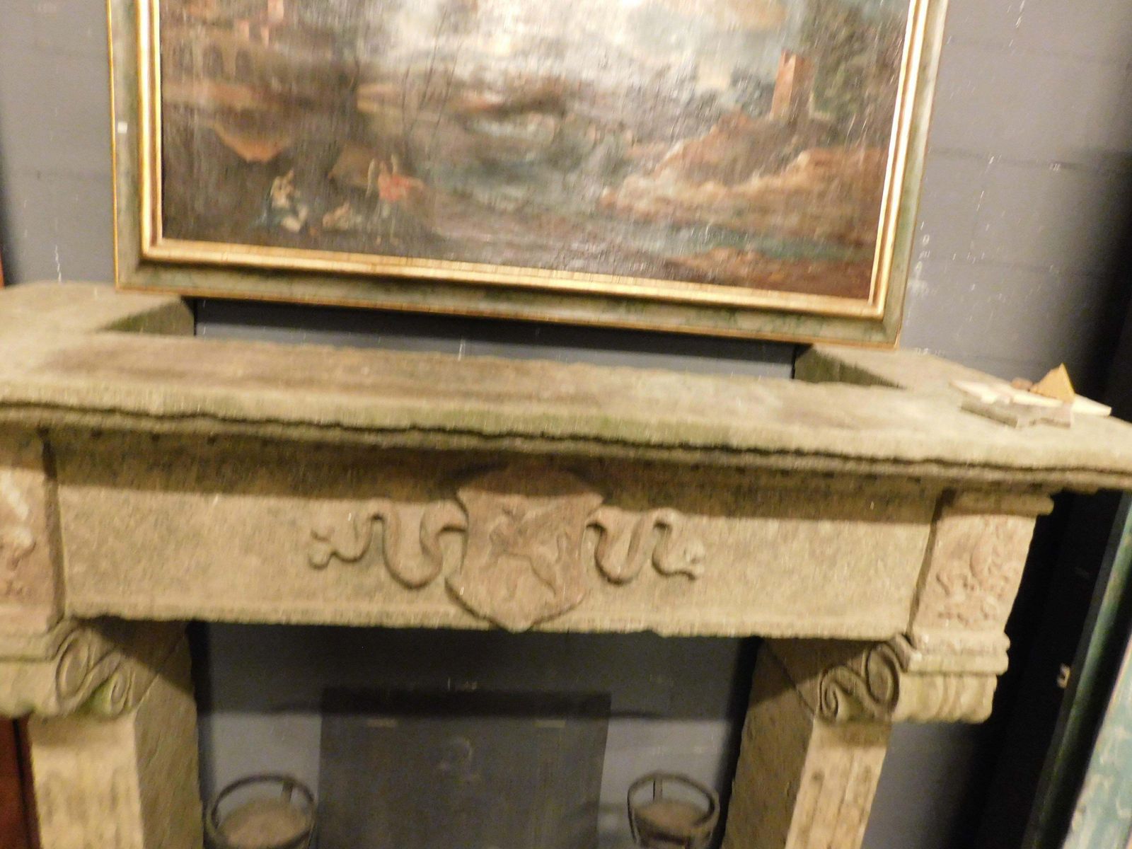 Home Fixtures Piperino Stone Mantle Fireplace, Carved With Coat Of Arms, Rome Italy photo