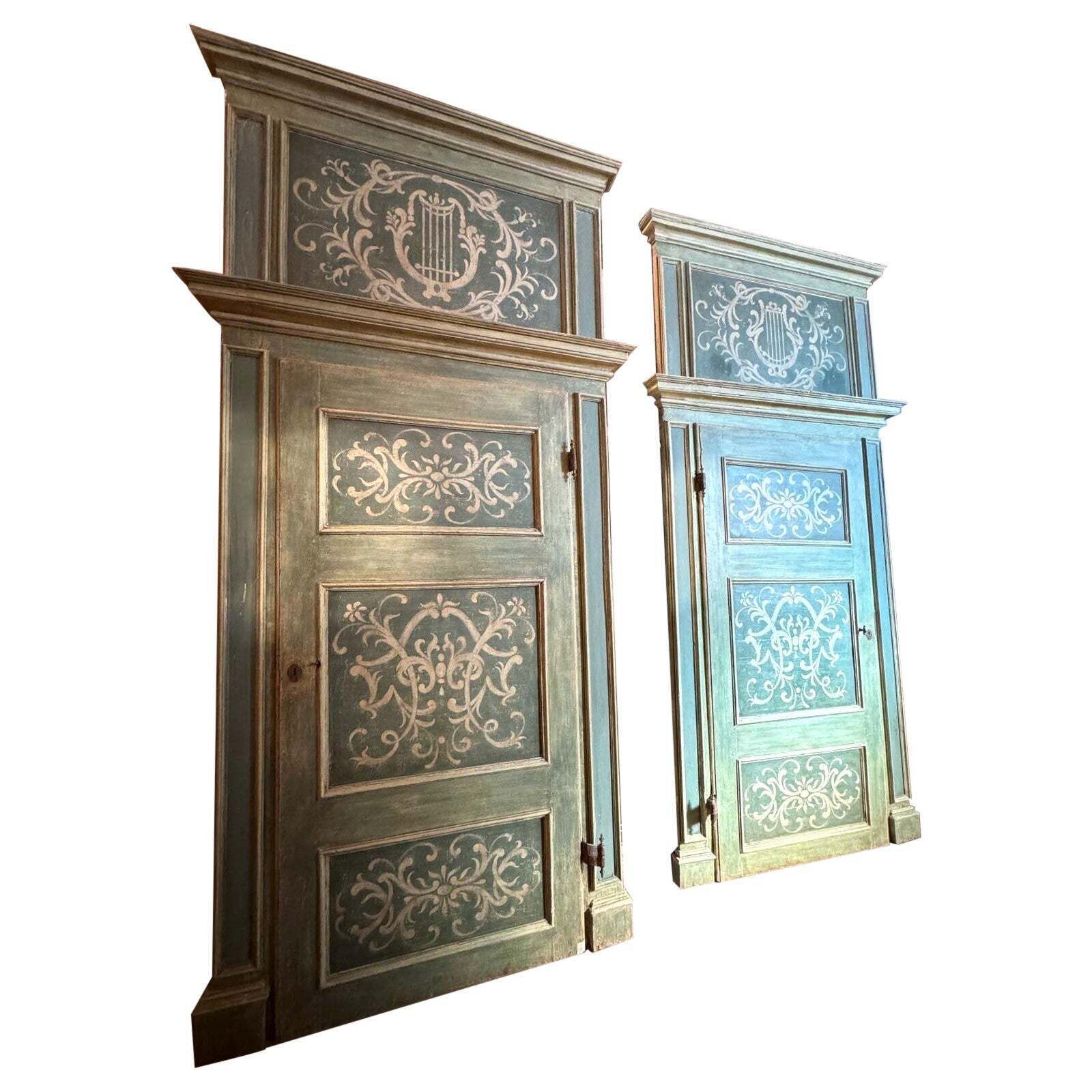 Set Of 2 Big Interior Doors, Richly Painted With Frame And Overdoor, Italy