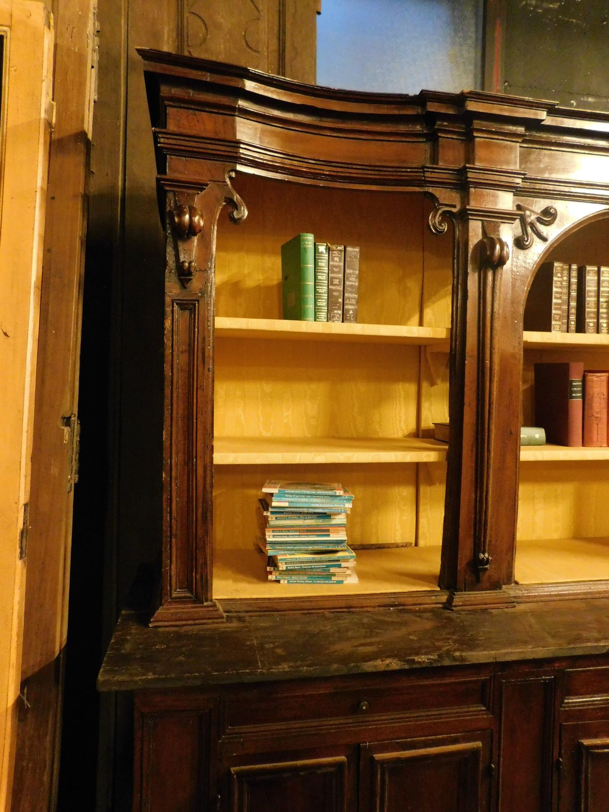 photo for sale Walnut Bookcase With Carved Columns, Doors And Open Shelves, Italy