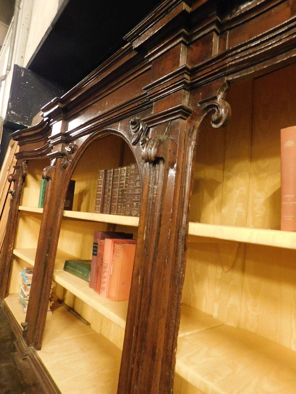 photo vinterior Walnut Bookcase With Carved Columns, Doors And Open Shelves, Italy