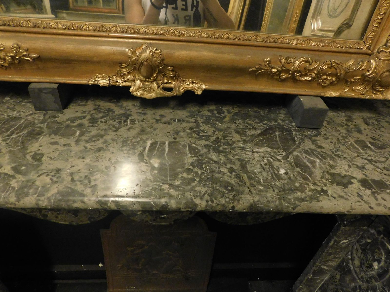 photo furniture Mantle Fireplace In Grey Veined Marble, Carved And Wavy, Italy