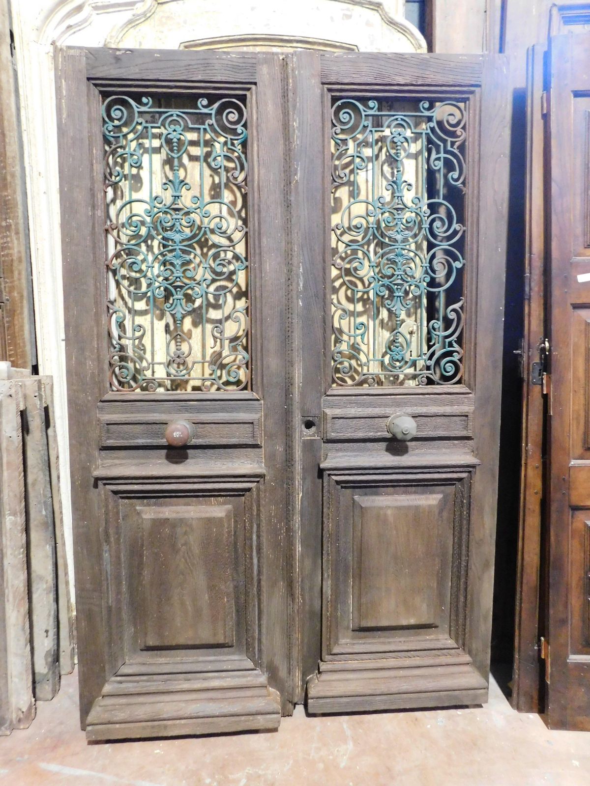 Entrance Door, Main Door In Oak Wood, Two Doors, With Green Iron Grille, Italy photo furniture