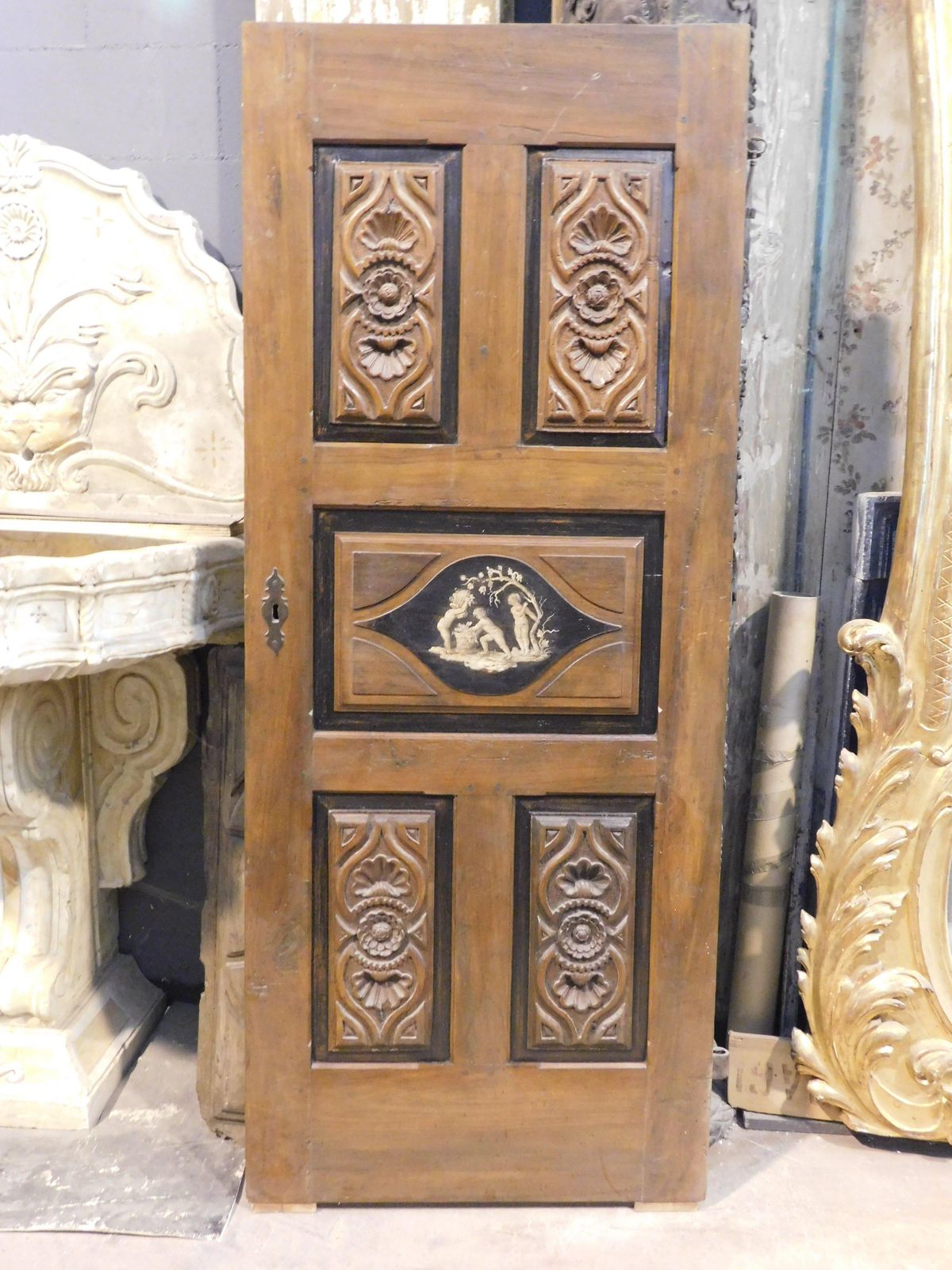 Walnut Door, For Interiors, Both Lacquered And Carved, Italy photo for sale