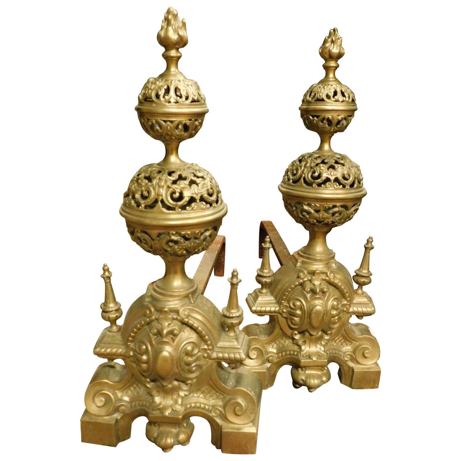 Pair Of Carved Andirons In Gilded And Chiseled Brass, France