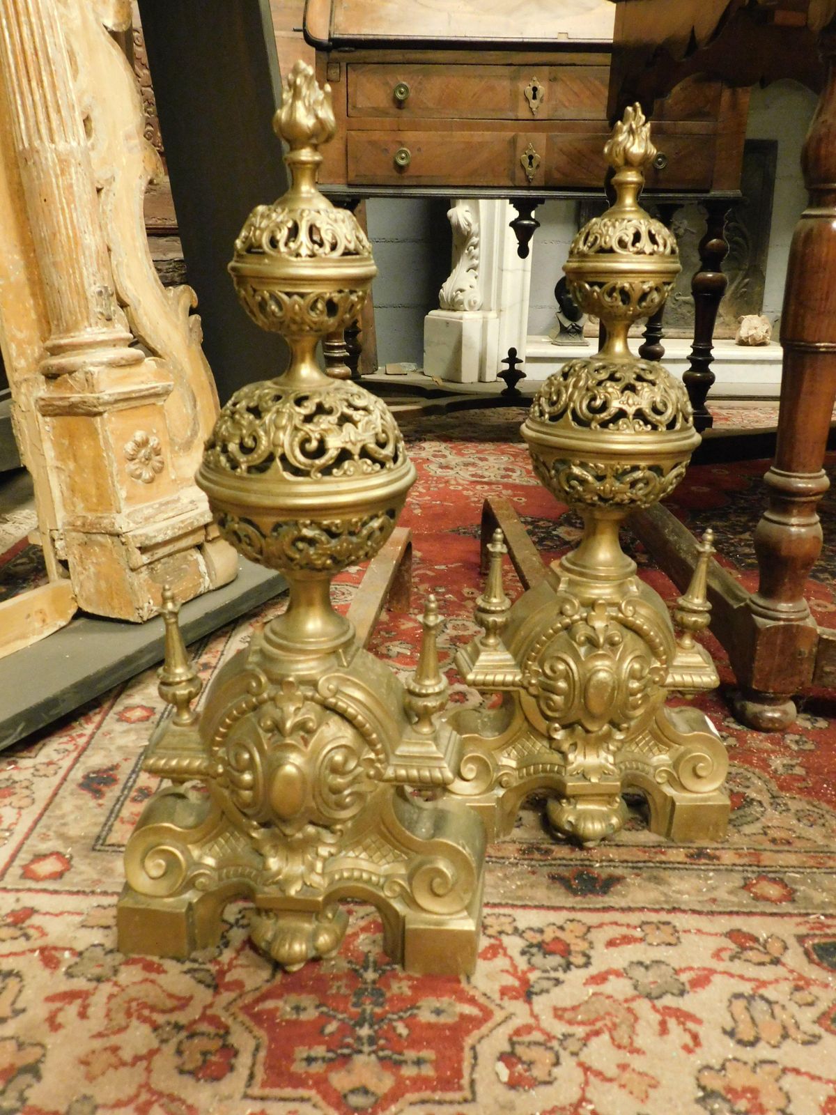 Pair Of Carved Andirons In Gilded And Chiseled Brass, France photo furniture