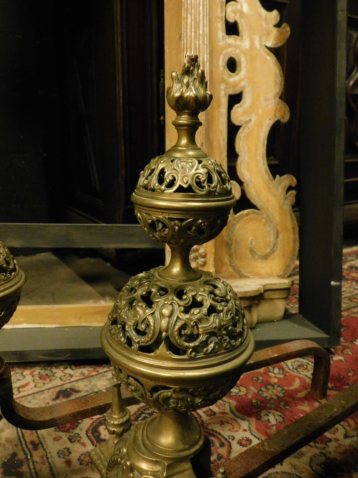 Pair Of Carved Andirons In Gilded And Chiseled Brass, France photo vintage