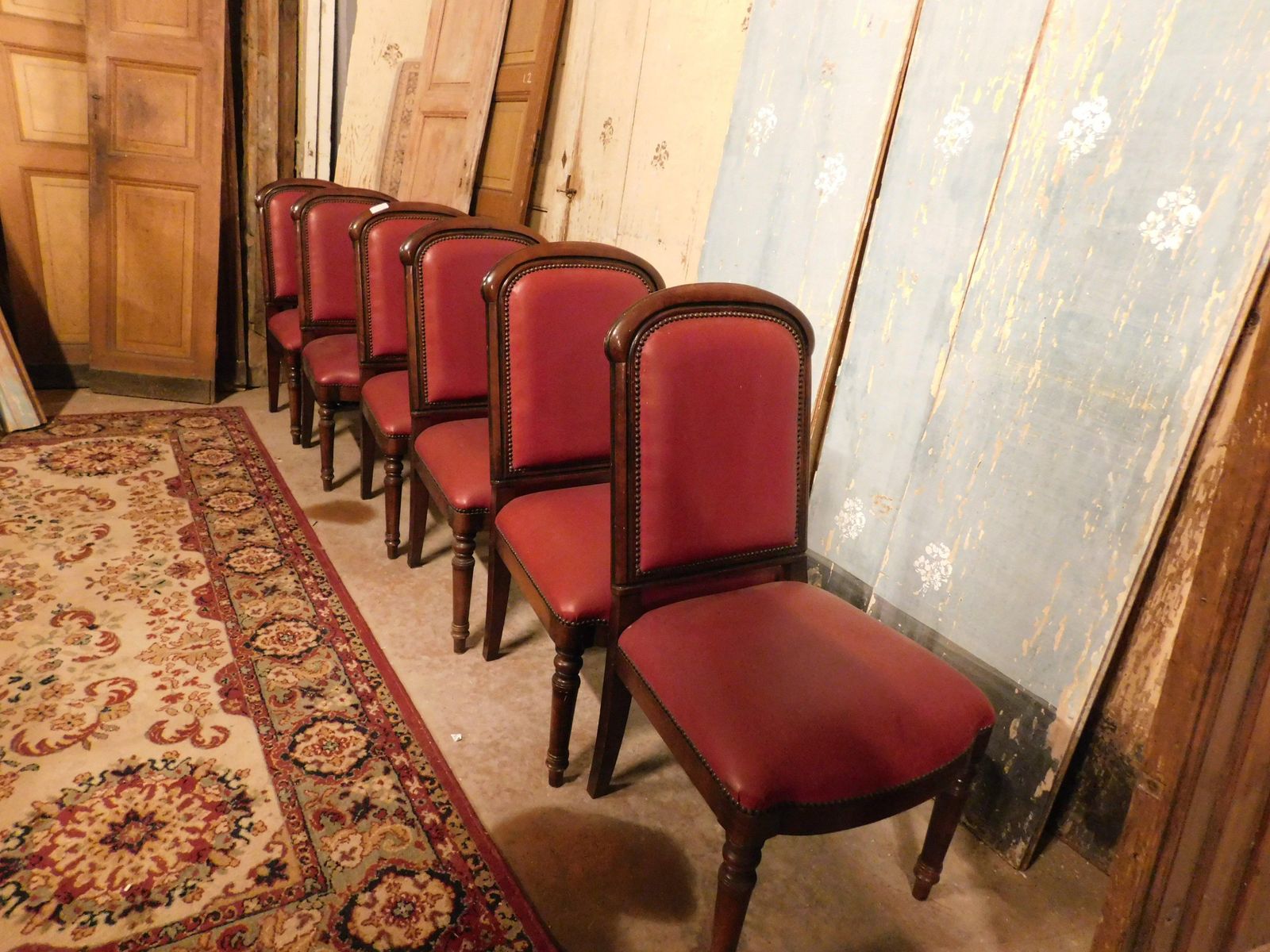 Set Of 6 Walnut Armchairs, Upholstered In Red Leather, From An Italian Theater photo furniture