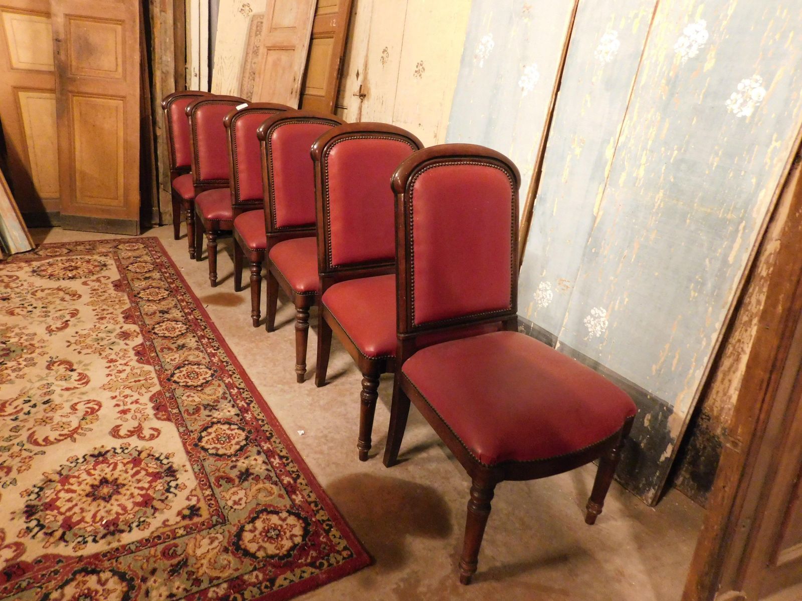 Set Of 6 Walnut Armchairs, Upholstered In Red Leather, From An Italian Theater photo for sale