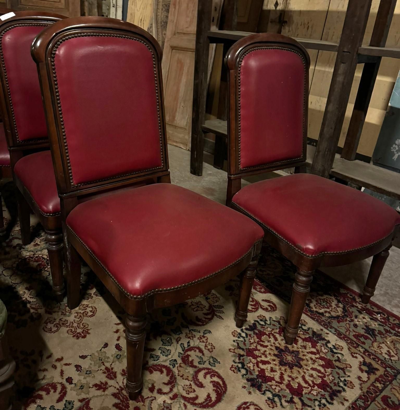 Set Of 6 Walnut Armchairs, Upholstered In Red Leather, From An Italian Theater photo vinterior