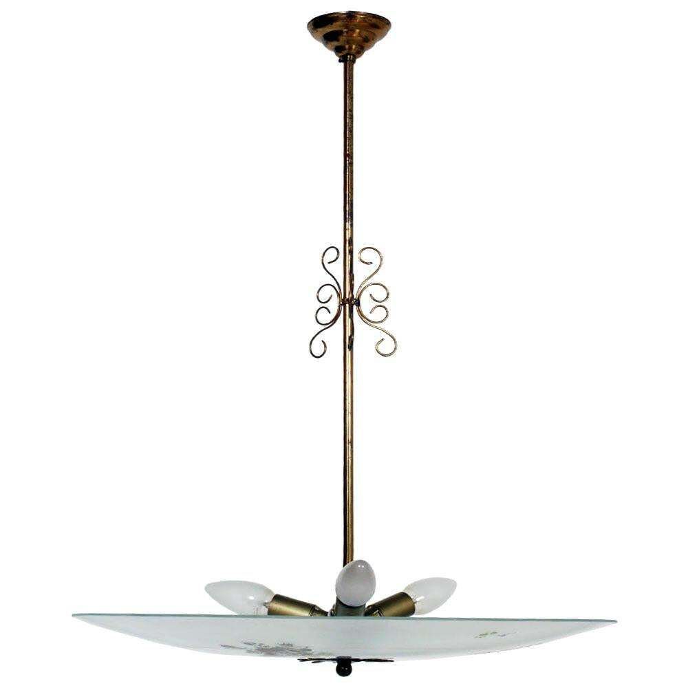 Chandelier Art Deco Venetian Murano Glass Decorated Pendant Lamp Gilt Brass