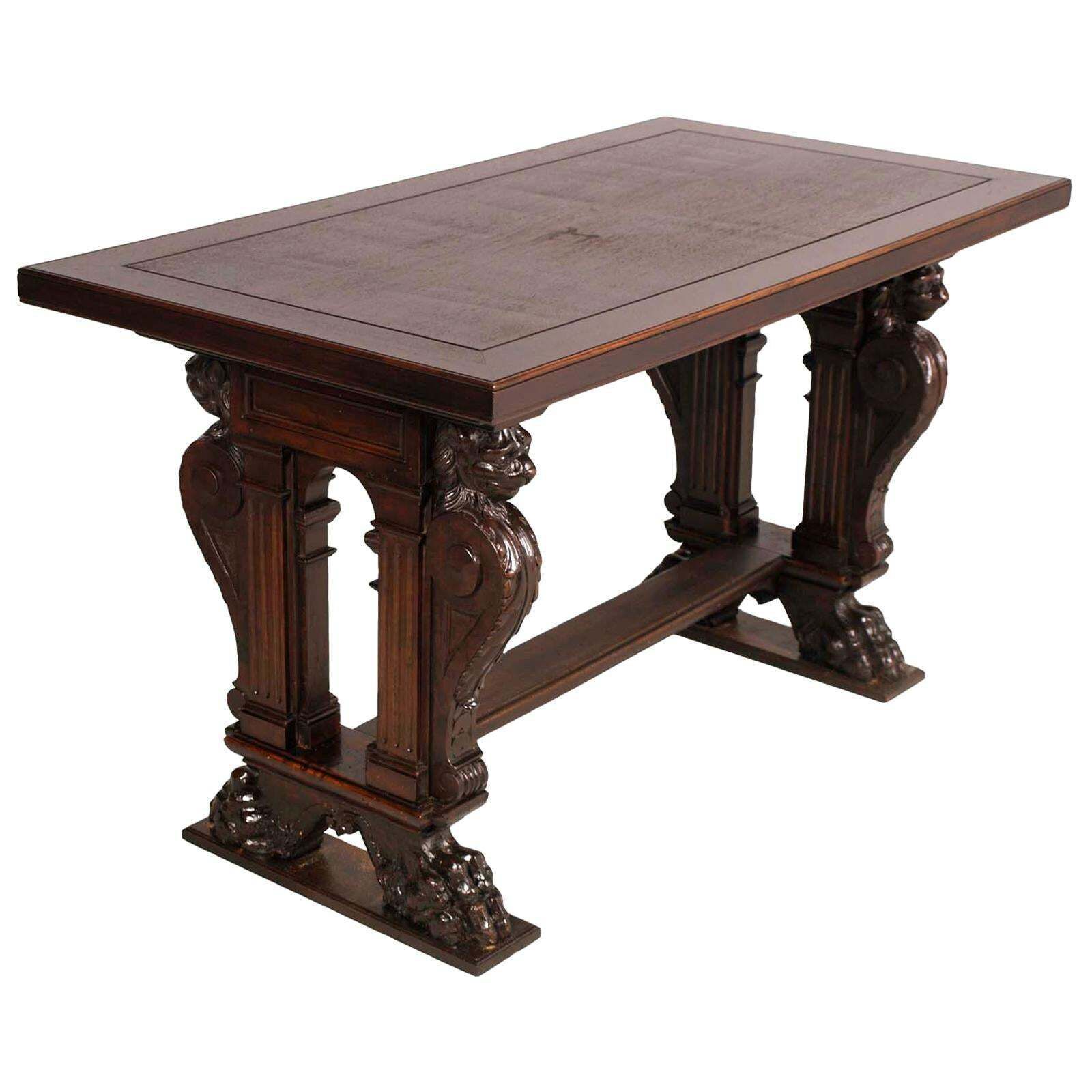Late 19th Century Table, Writing Desk Hand Carved Walnut By Testolini & Salviati