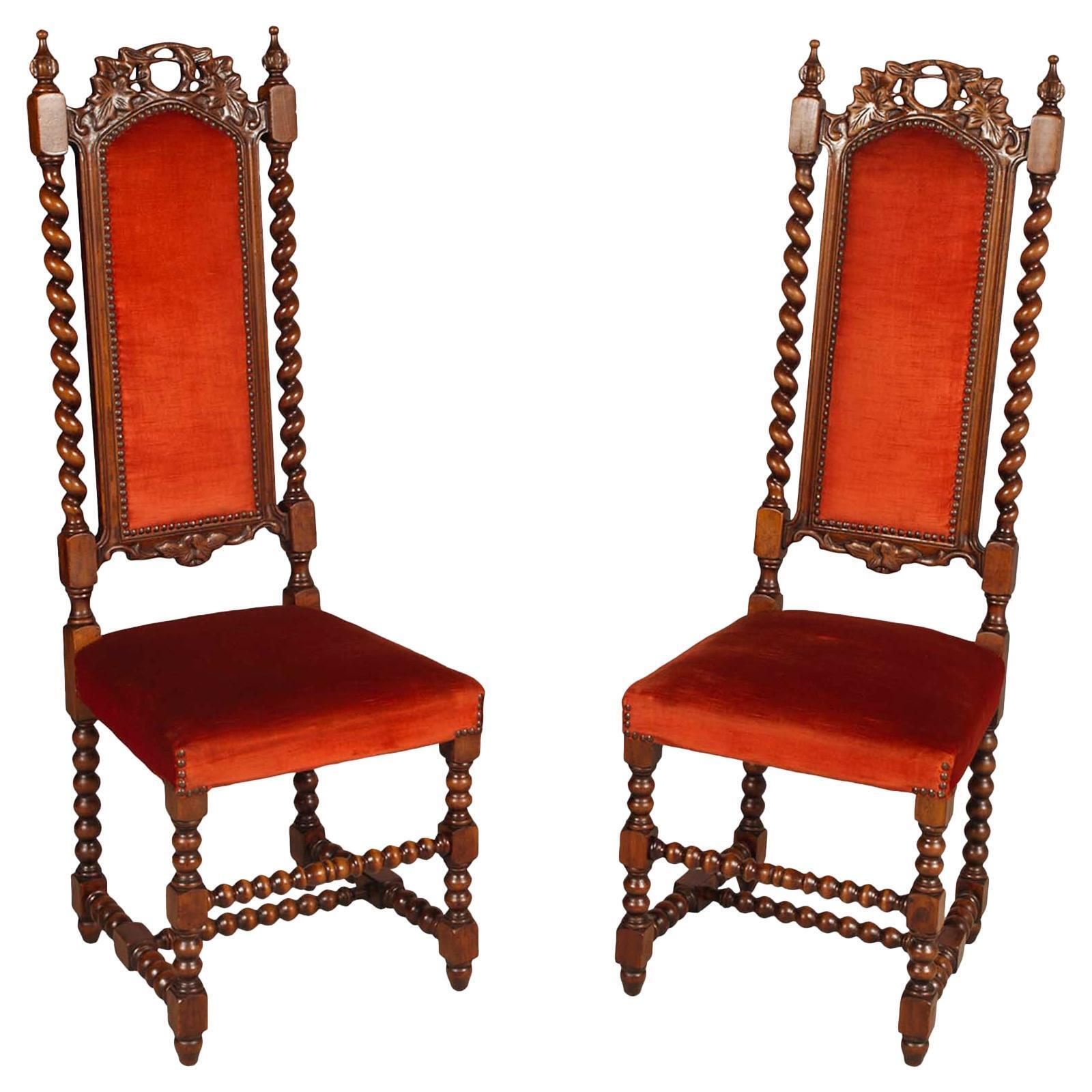 Pairs 19th Century Venetian Hall Chairs By Atelier Cadorin, Walnut , Hand Carved