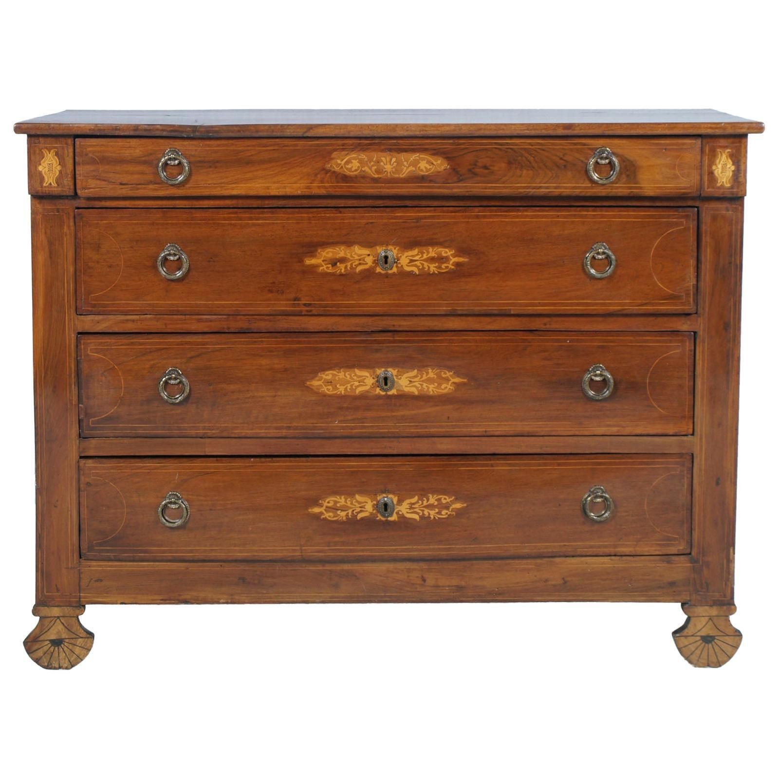 17th Century Lombard Piedmont Area, Chest Of Drawers, Inlaid Walnut Wax Polished
