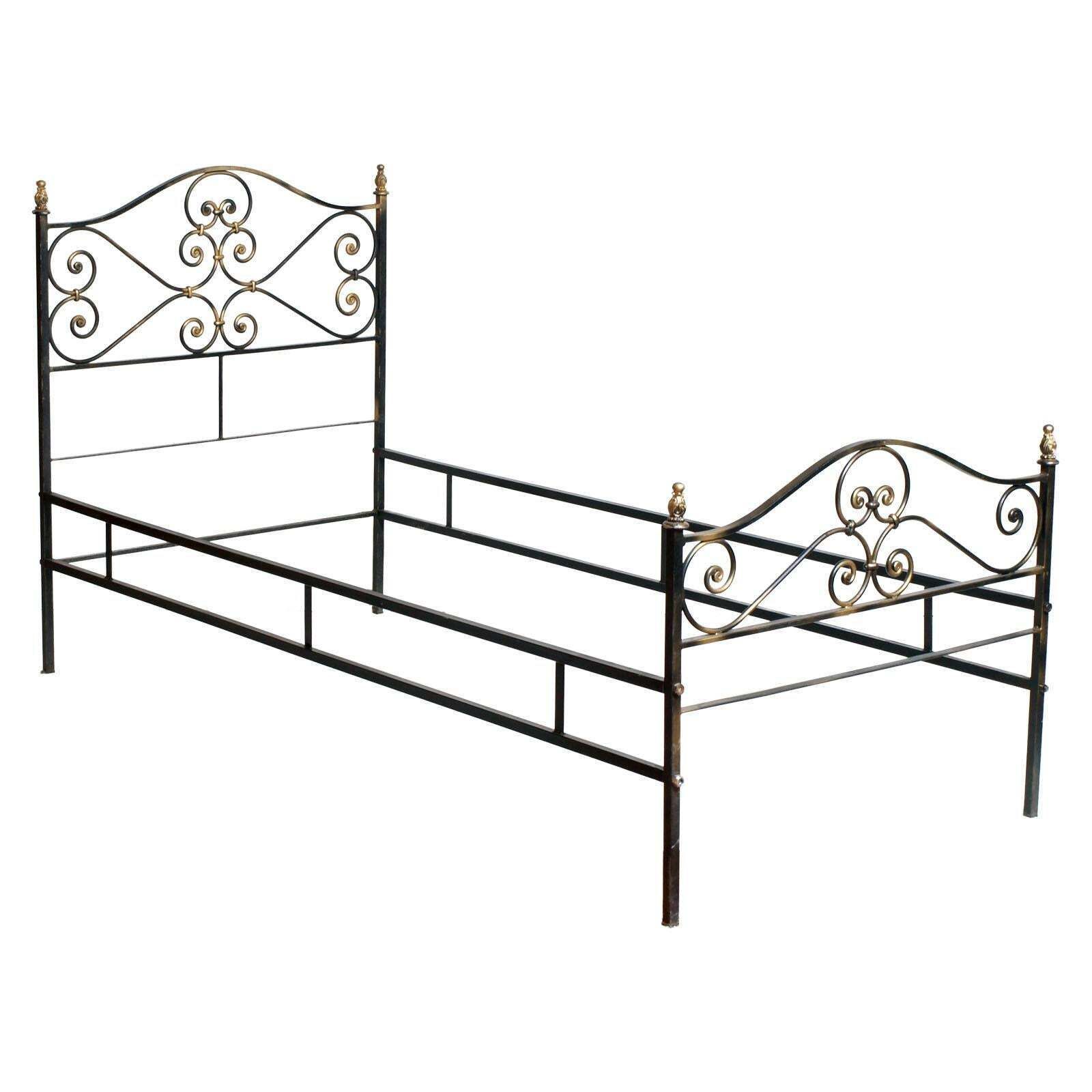 1960s Italian Art Nouveau Single Bed In Painted Wrought Iron, Golden Parts
