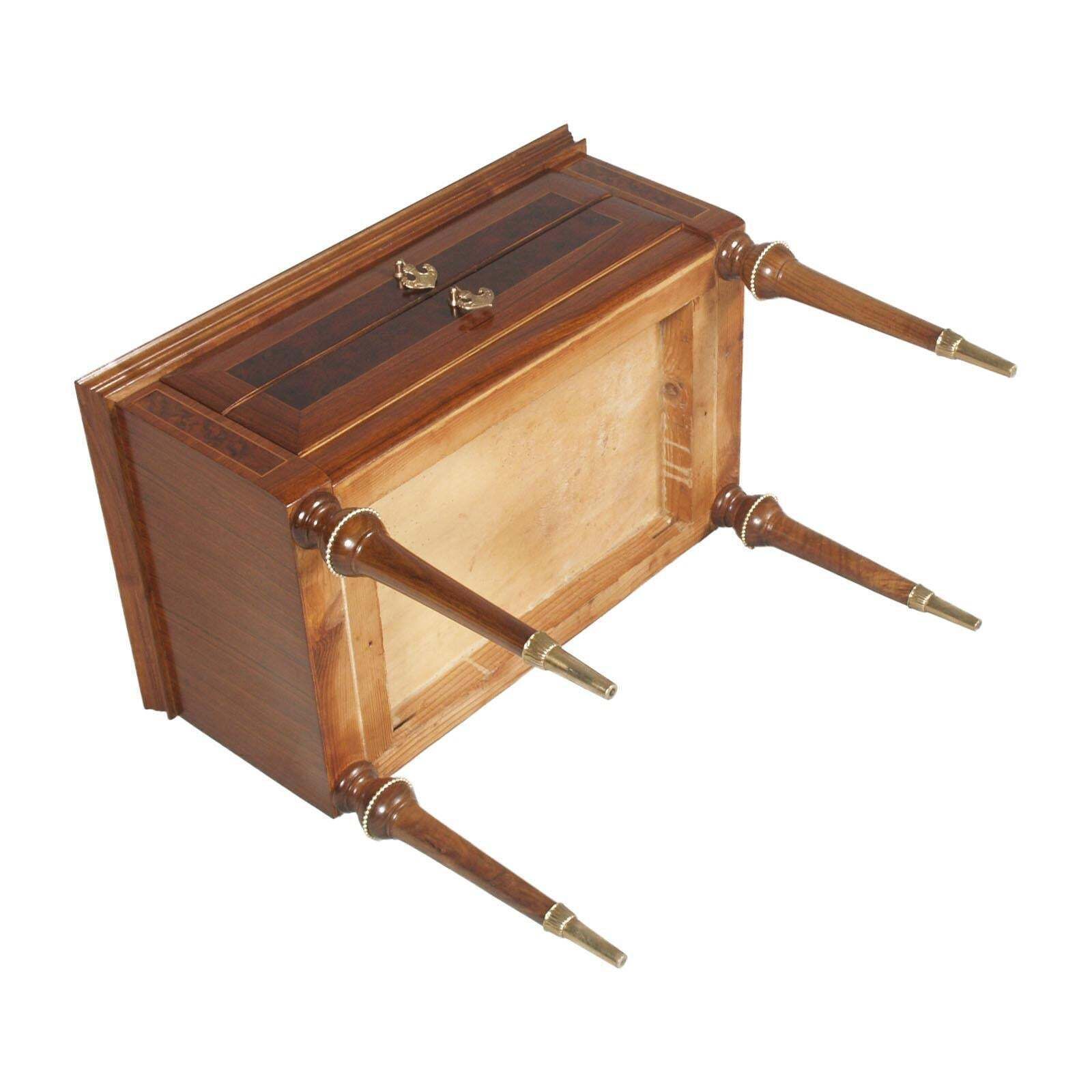 photo for sale 1950s Nightstands, Walnut Bicolor, Burl & Maple Inlaid Golden Brass Accessories