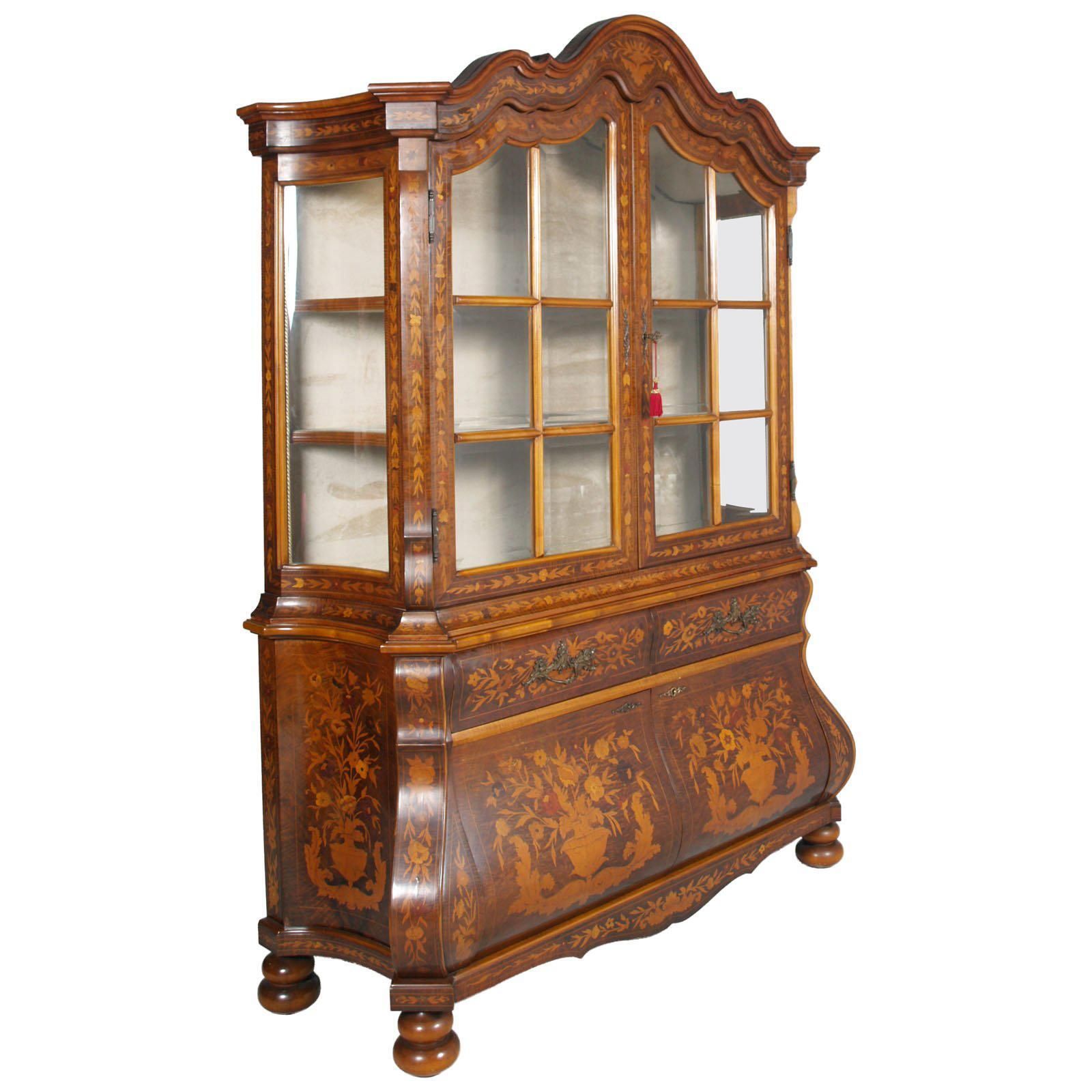 1930s Venetian Walnut Baroque Sideboard And Display Cabinet Richly Floral Inlaid