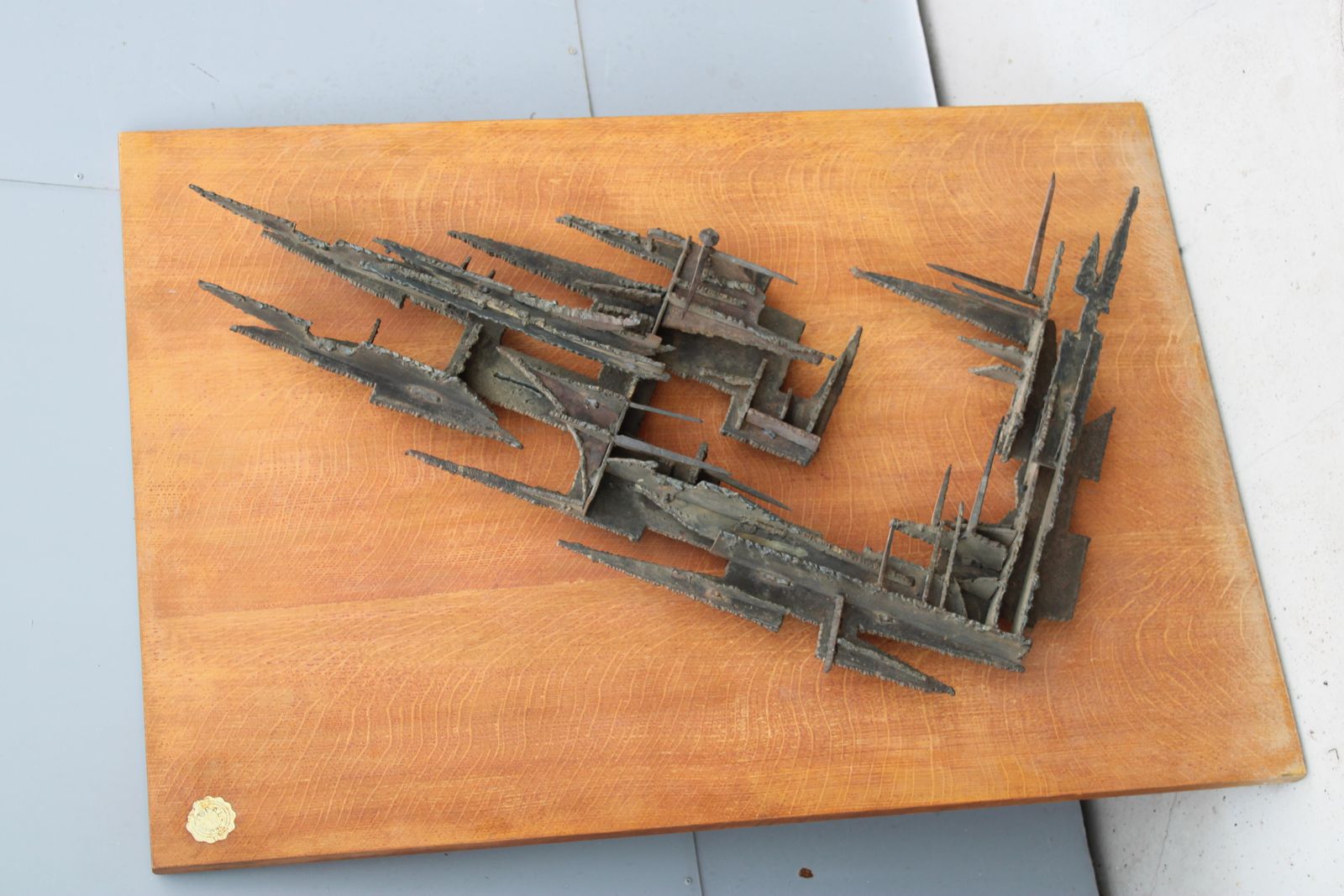 Brutalist Wall Sculpture  Forged Iron 1971 Italy Wooden Panel photo buy