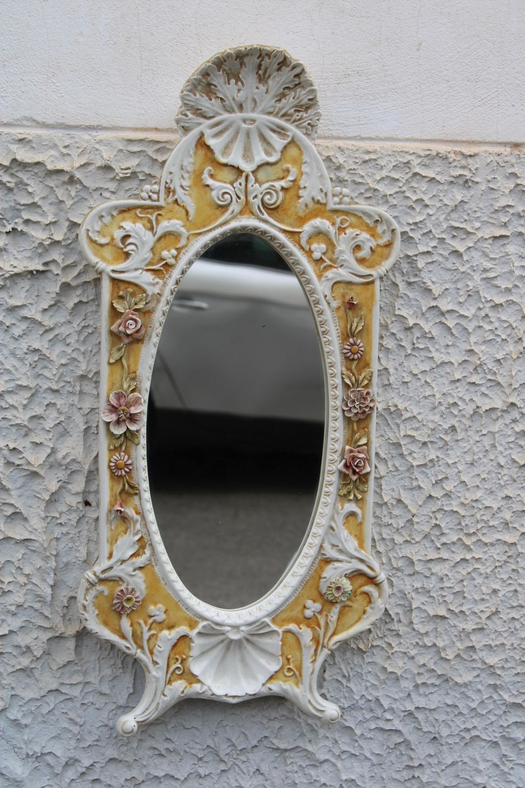 Italian Rococo Style Mirror In 1950s Ceramic White And Yellow photo furniture