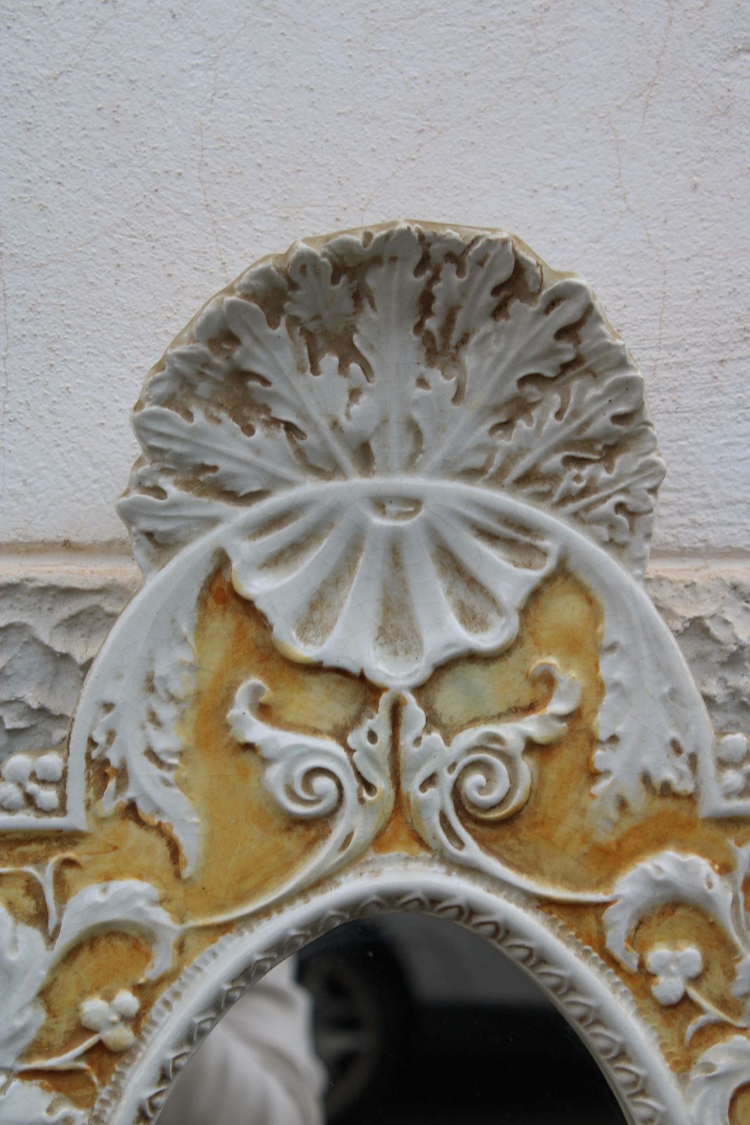 Italian Rococo Style Mirror In 1950s Ceramic White And Yellow photo for sale