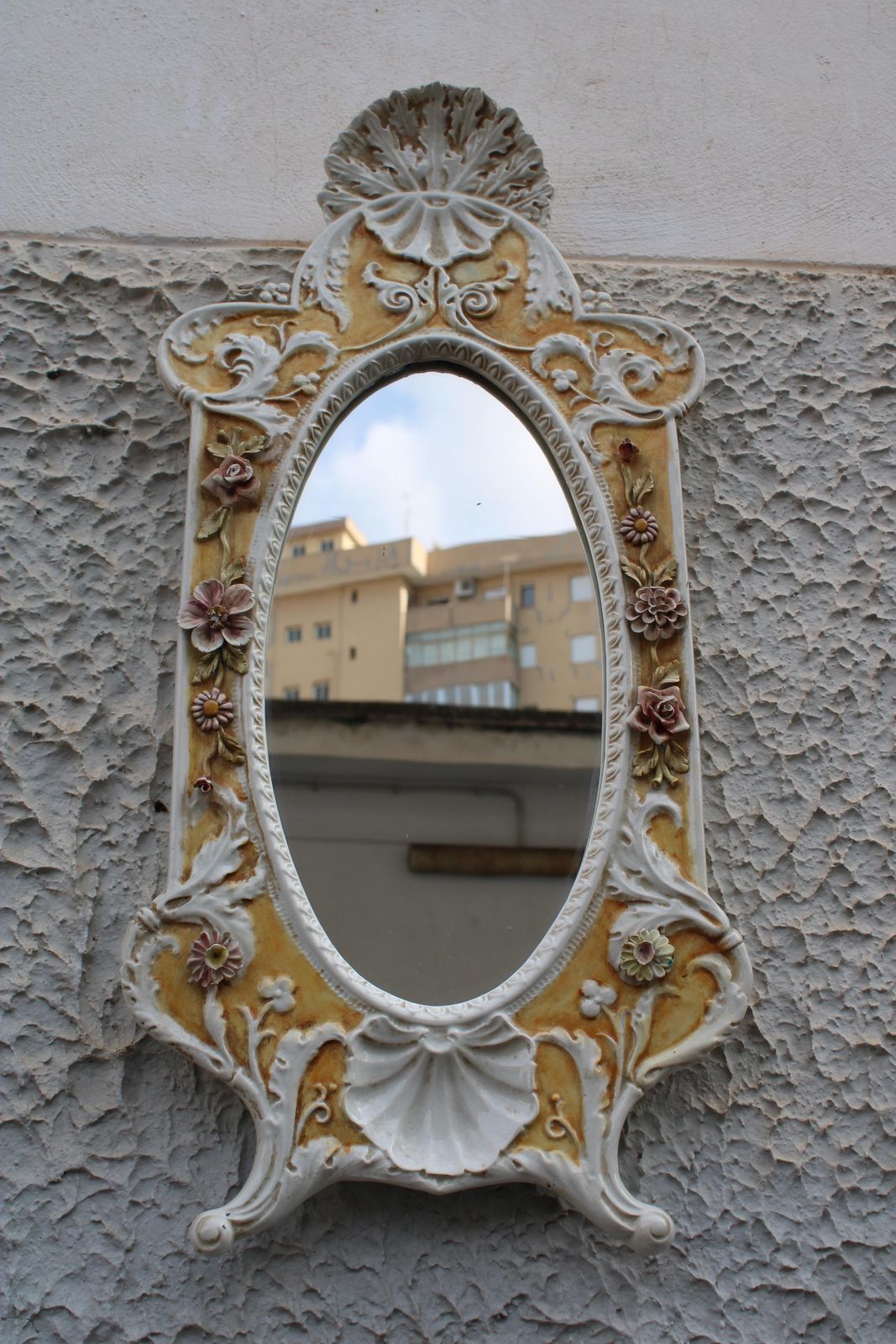 Home Decor Italian Rococo Style Mirror In 1950s Ceramic White And Yellow photo