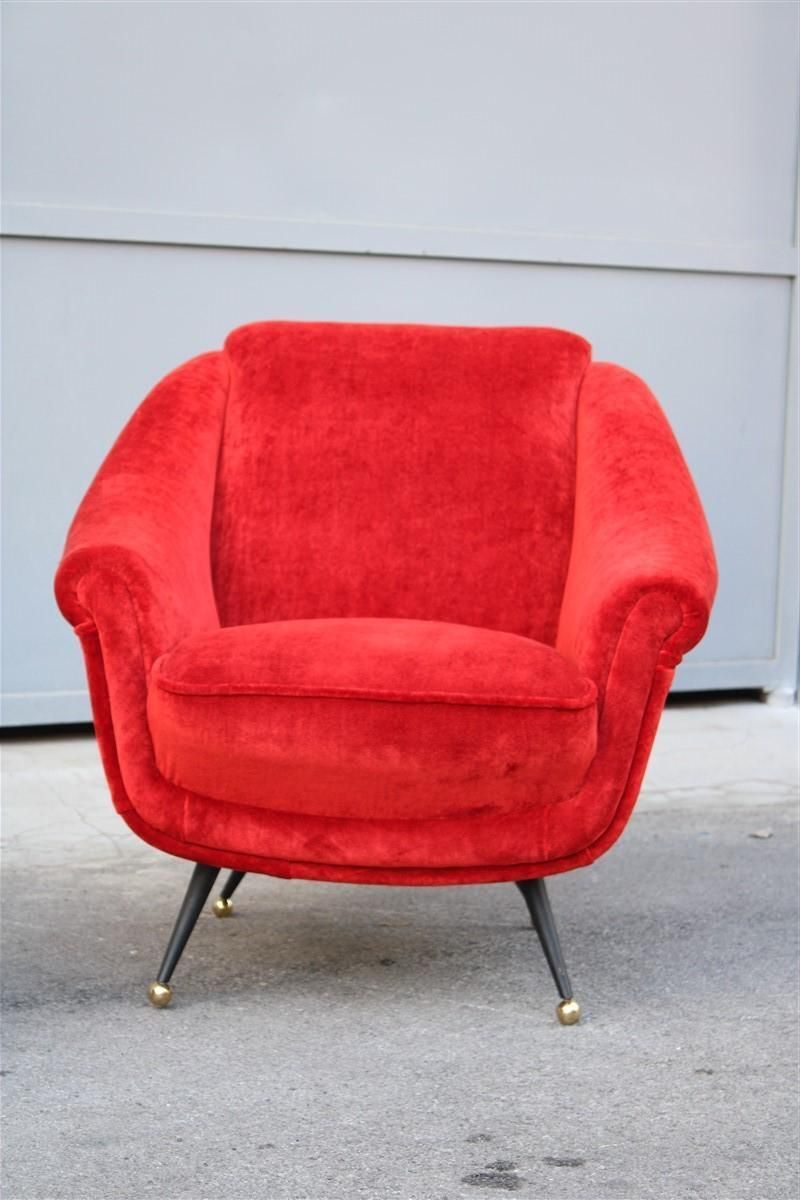 Pair Of Framar 1950s Italy Armchairs Metal And Brass Feet Red Fabric photo for sale