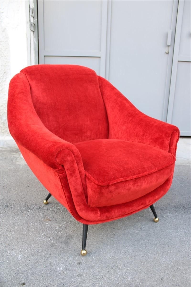 Pair Of Framar 1950s Italy Armchairs Metal And Brass Feet Red Fabric photo buy