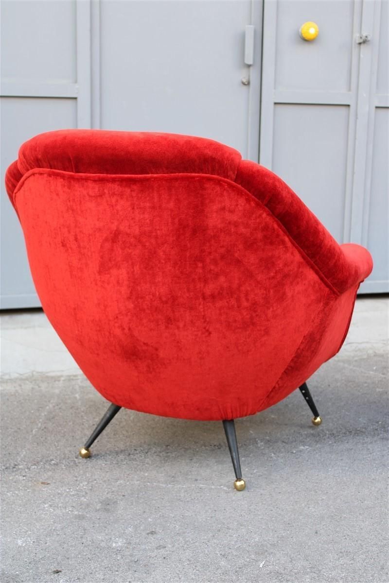 Furniture Pair Of Framar 1950s Italy Armchairs Metal And Brass Feet Red Fabric photo