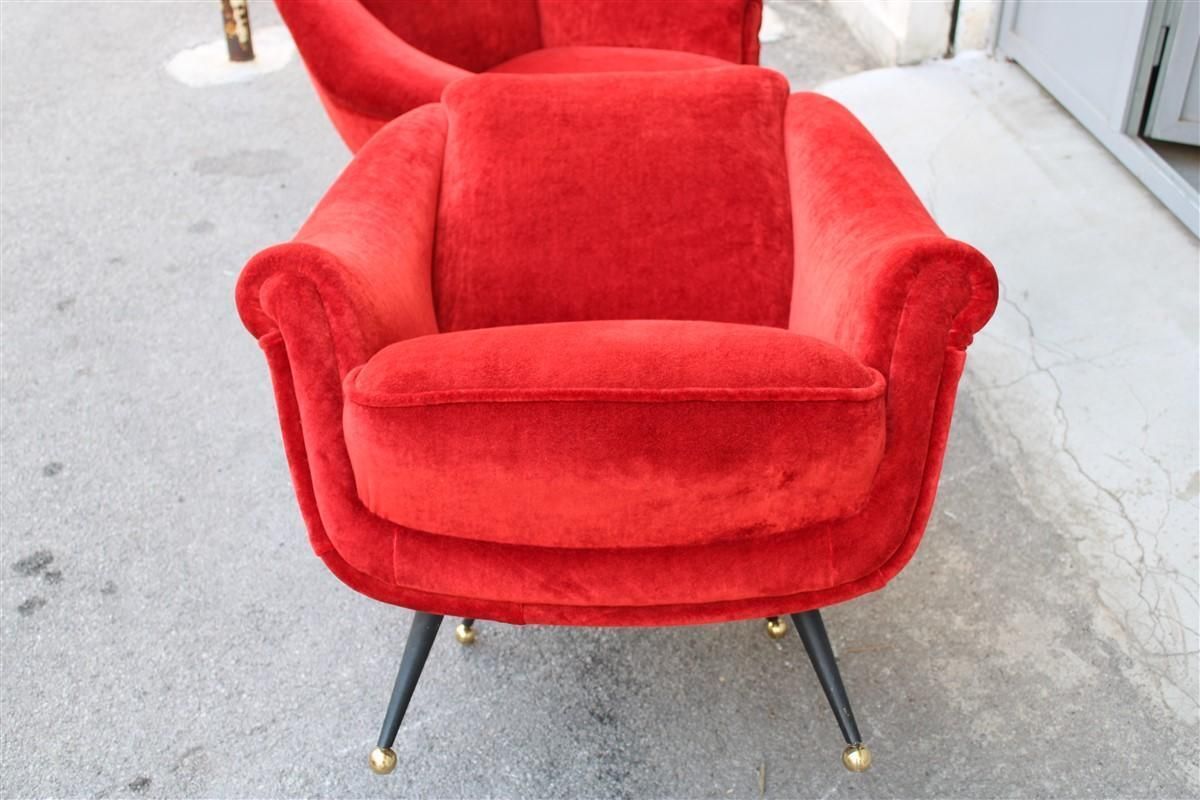 photo vintage Pair Of Framar 1950s Italy Armchairs Metal And Brass Feet Red Fabric