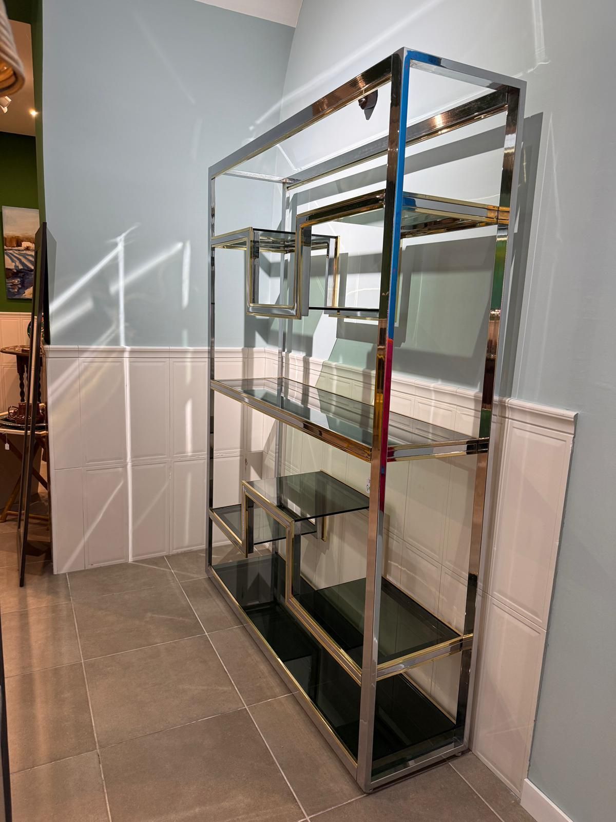 Chrome Metal And Brass Minimalist Bookcase Romeo Rega 1970 Italy photo for sale